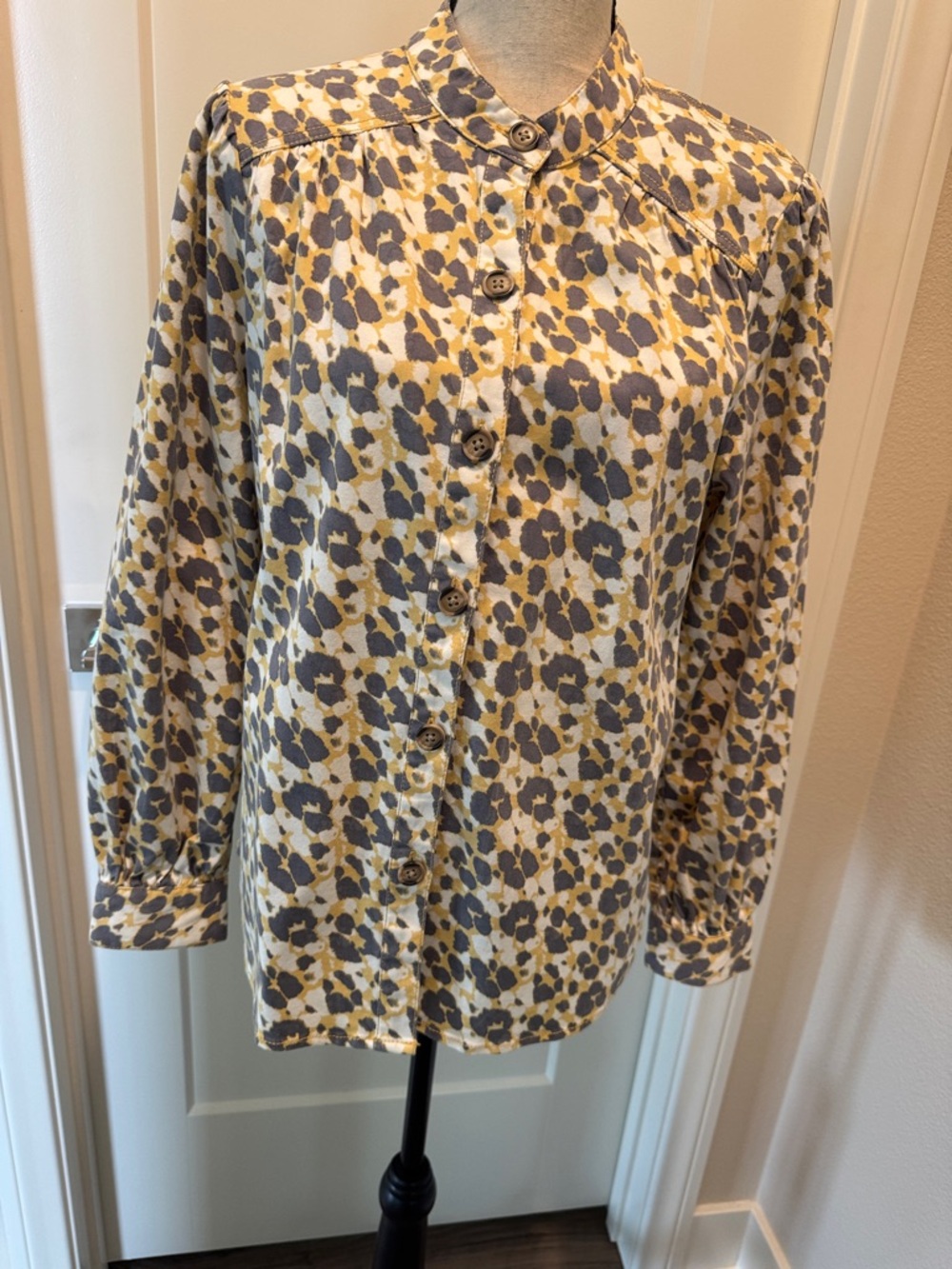 CAbi Mustard and Gray Abstract Spot Button-Front Blouse